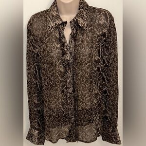 100% Silk Crepe Sheer Blouse | Black & Gray Abstract Print | Size 42